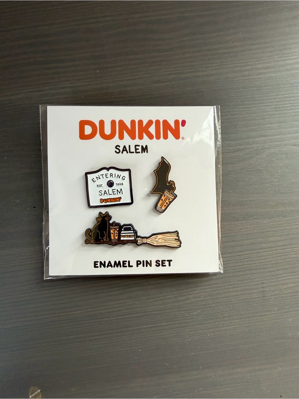 Dunkin Donuts Salem Enamel Pin Set - Black & tan. Halloween 2026.
